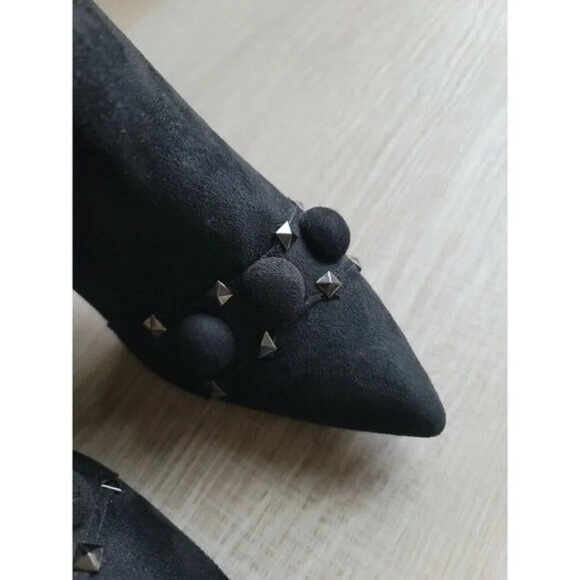 Yoki Black Faux Suede Sock Knee High Pointed Toe Studded High Heel Boots 8 - Picture 7 of 10